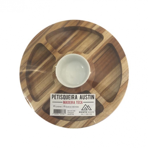 Petisqueira Redonda de Madeira Austin com 5 Divisões e Ramekin